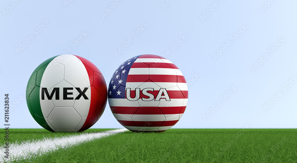 Mexico vs. USA Soccer Match Soccer balls in Mexico and USA national colors on a soccer field