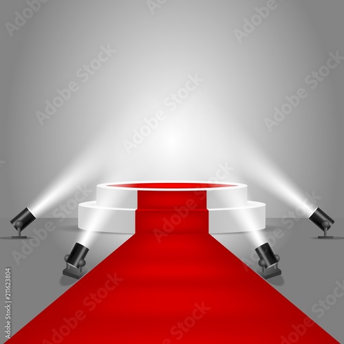 Vector spotlights and stage podium with red carpet