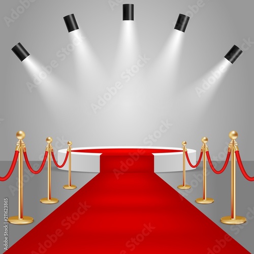 Vector spotlights and stage podium with red carpet