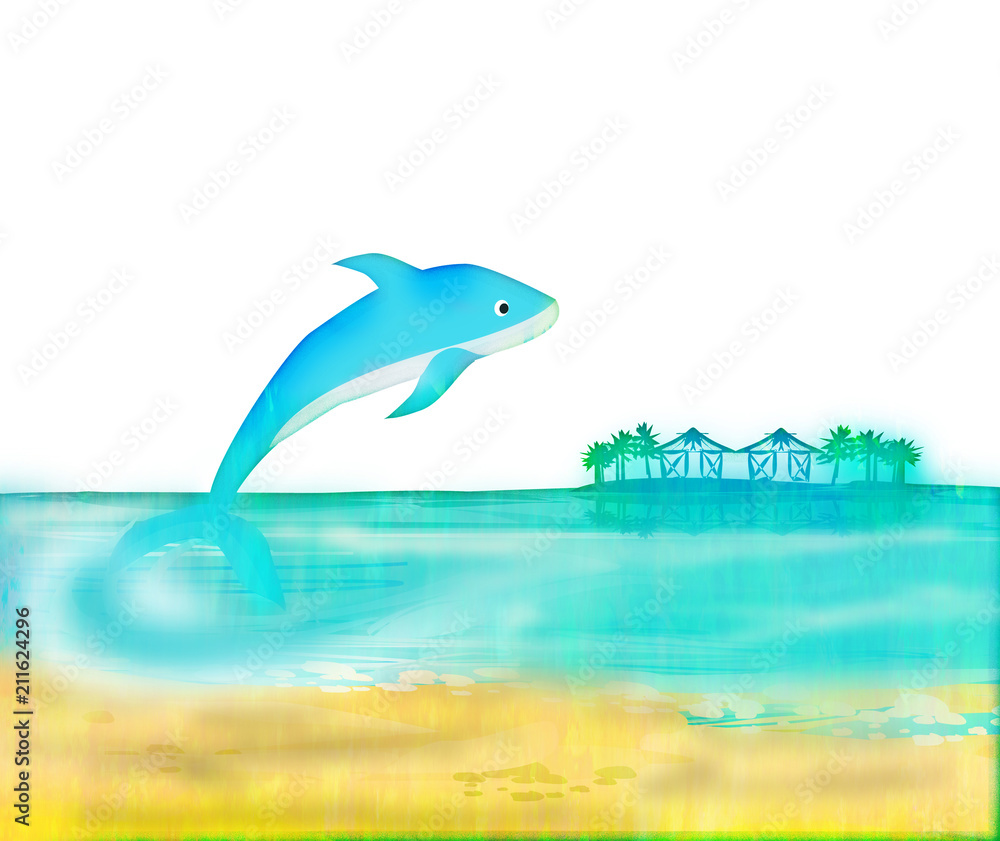 Obraz premium Tropical island paradise with leaping dolphin