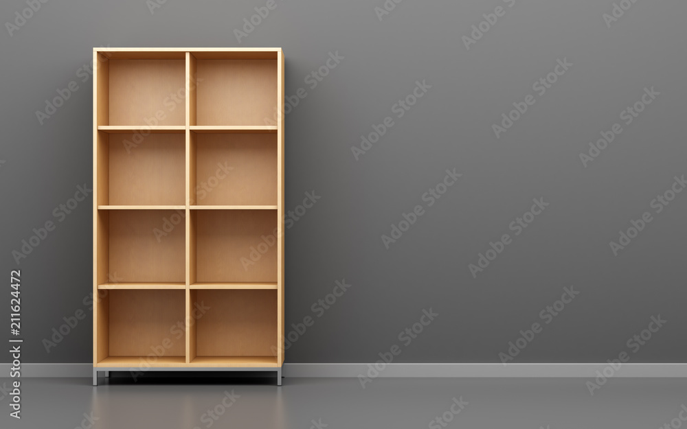 wooden office cabinet shelf in front of gray wall - obrazy, fototapety, plakaty 