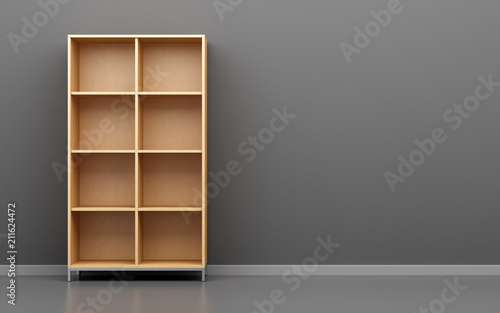 wooden office cabinet shelf in front of gray wall photo
