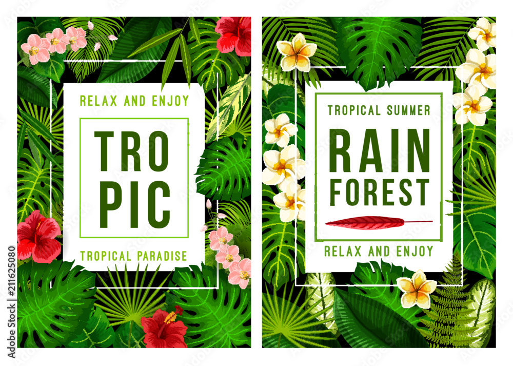 Obraz premium Summer vacation card with tropical palm leaf frame