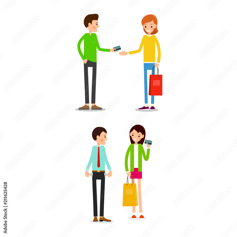 Woman and man with shopping bags and credit card. Young people standing with shopping bags and credit card for banking payments. Illustration isolated on white background in flat style Woman and man with shopping bags and credit card. Young people standing with shopping bags and credit card for banking payments. Illustration isolated on white background in flat style