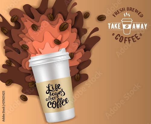 Vector paper cut takeaway coffee poster template