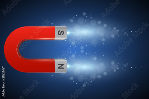 Vector red permanent magnet with lights and glowing effect