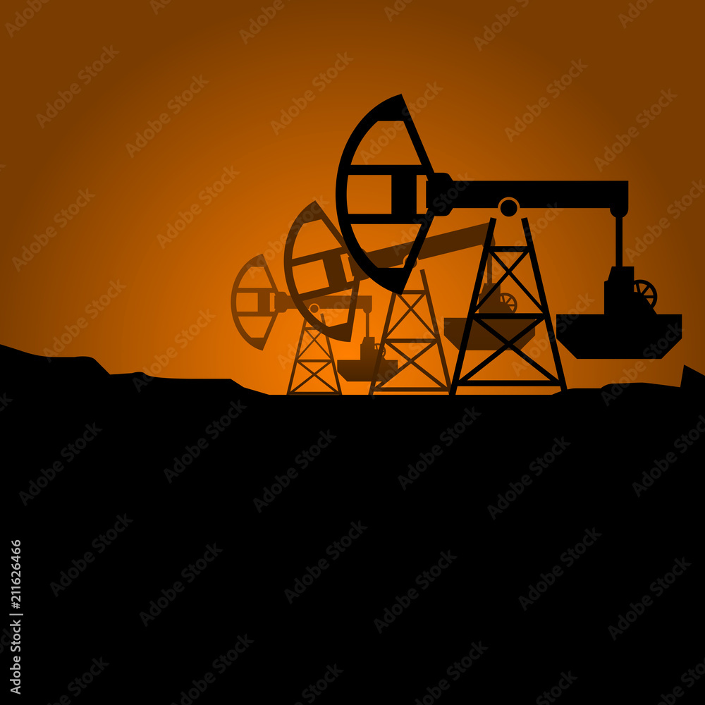 Silhouettes of petroleum pumpjack on sunset - oil pumps