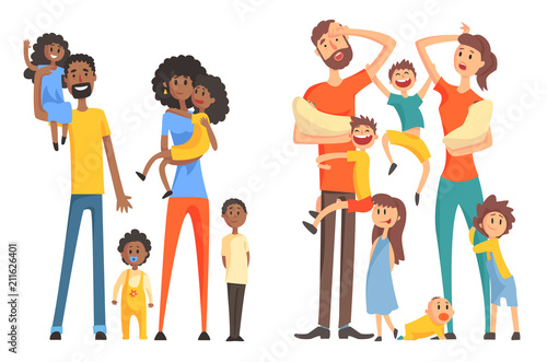 Young Afro-American and caucasian family. Cheerful and tired parents with children. Funny little kids and newborns. Flat vector design