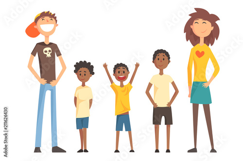 Caucasian couple and three Afro-American teenager boys. Happy interracial family. Young parents with children. Flat vector design