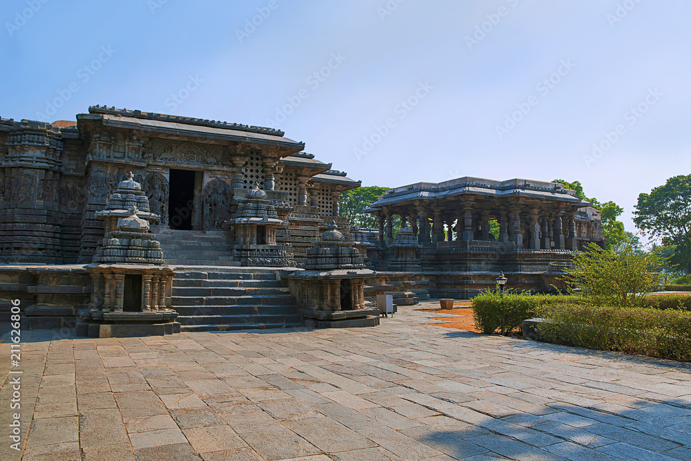View of South entrance and Nandi Mandapa, Hoysaleshwara Temple, Halebid, Karnataka. View from South West.