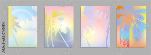Colorful Summer banners, tropical backgrounds set with palms, leaves, sea, clouds, sky, beach colors. Beautiful Summer Time cards, posters, flyers, party invitations. Summertime template collection.