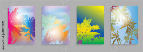 Colorful Summer banners, tropical backgrounds set with palms, leaves, sea, clouds, sky, beach colors. Beautiful Summer Time cards, posters, flyers, party invitations. Summertime template collection.