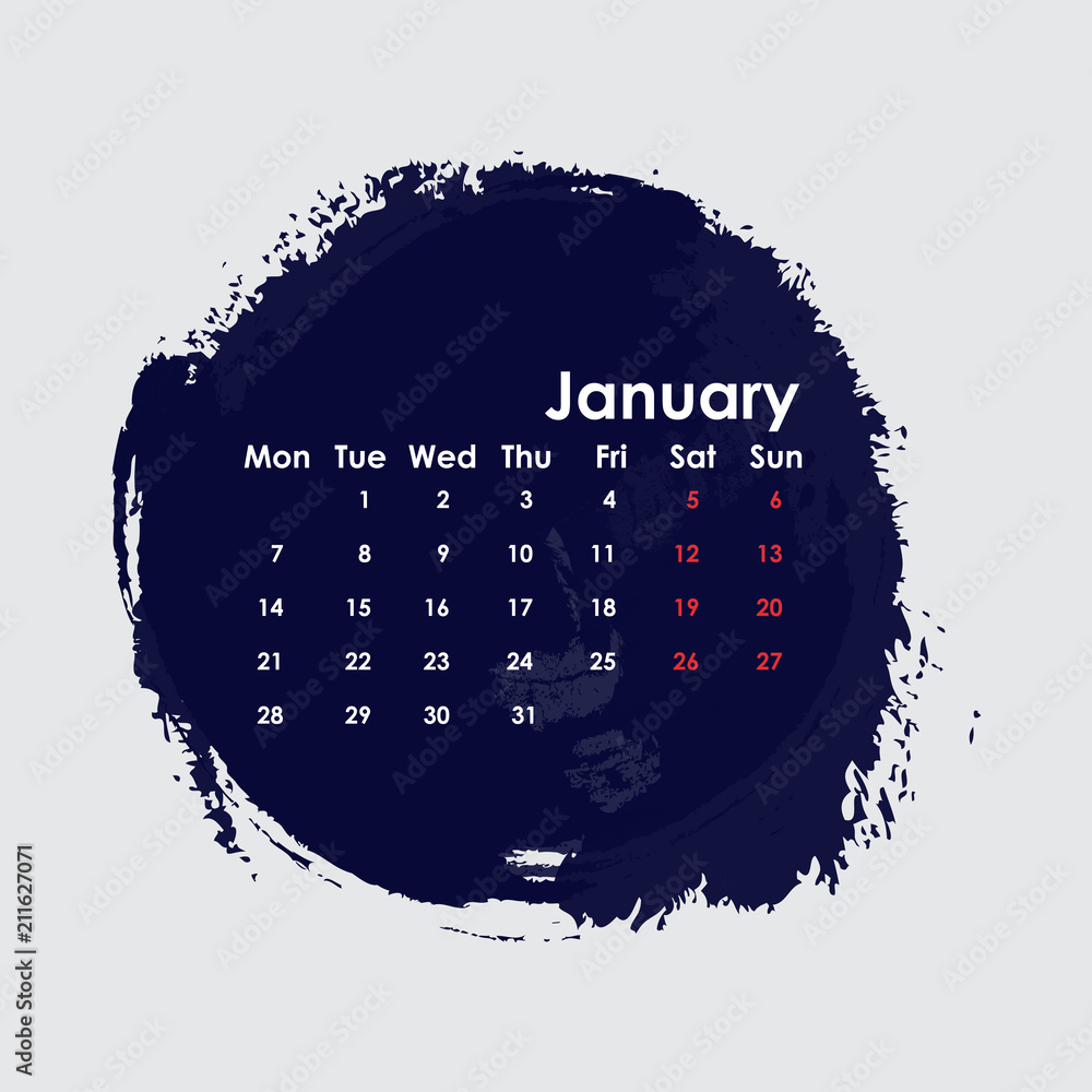 Fototapeta January 2019 Calendar Template.Starts from Monday.Vector illustration.