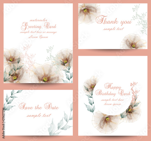 Watercolor flowers blossom card set Vector. Vintage greeting cards, wedding invitation, thank you postcard. Summer floral decoration bouquets