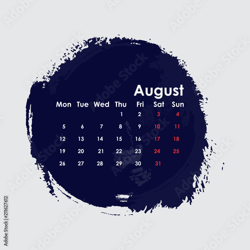 August 2019 Calendar Template.Starts from Monday.Vector illustration.