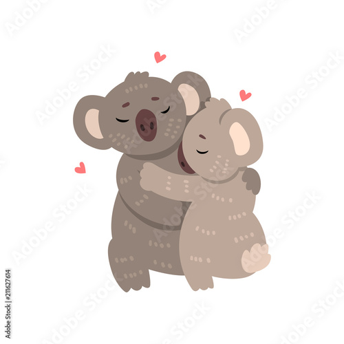 Couple of cute koalas in love embracing each other, two happy  aniimals hugging with hearts over their head vector Illustration on a white background photo