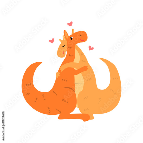 Couple of cute kangaroos in love embracing each other, two happy aniimals hugging with hearts over their head vector Illustration on a white background. © topvectors
