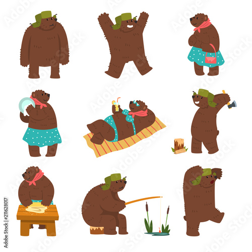 Humanized bear characters set, male and female brown bears wearing human clothes in different situations cartoon vector Illustration on a white background