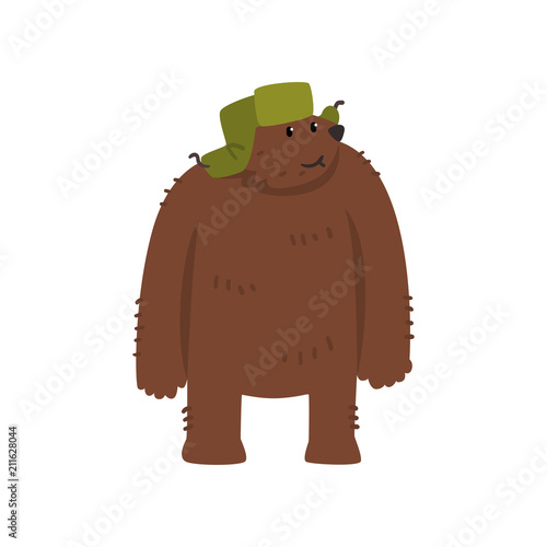 Humanized male bear character in green earflap standing cartoon vector Illustration on a white background