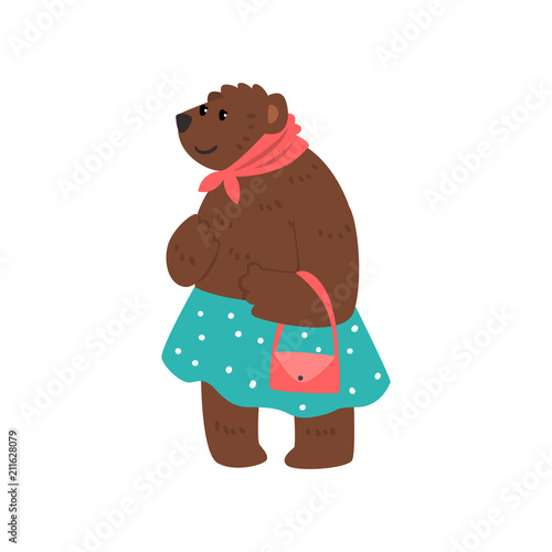 Humanized female bear character dressed in human clothes standing with bag cartoon vector Illustration on a white background
