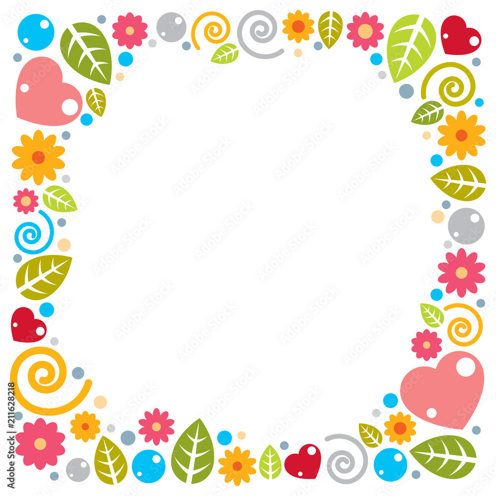Nice childish frame of flowers, hearts and leaves, vector design. Nice childish frame of flowers, hearts and leaves, vector design.