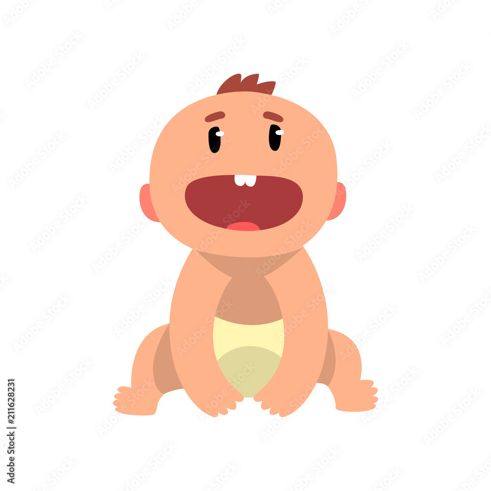 Cute little baby in a diaper sitting on the floor cartoon vector Illustration on a white background Cute little baby in a diaper sitting on the floor cartoon vector Illustration on a white background