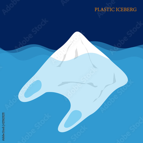 Plastic iceberg on the sea. Plastic pollution concept. vector illustration.