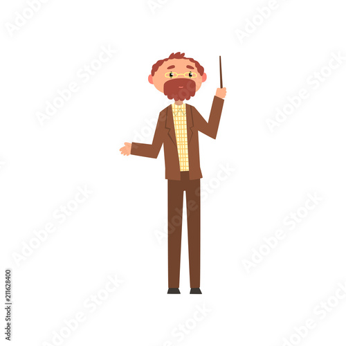 Middle aged professor standing with pointer, school teacher cartoon vector Illustration on a white background