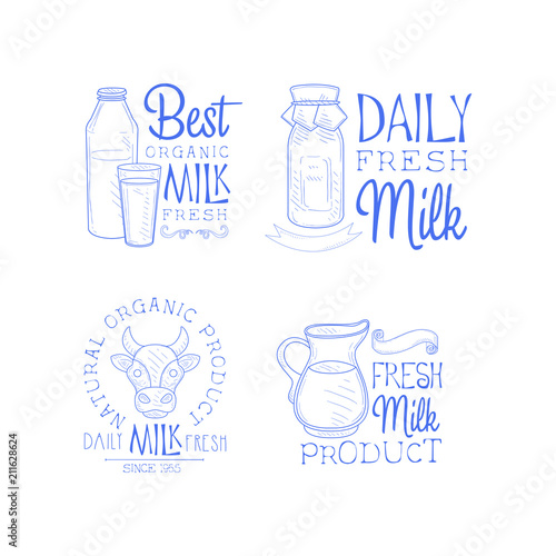 Set of monochrome logo templates for milk production industry. Vector emblems with glass and bottles, cow head and jug. Fresh dairy product