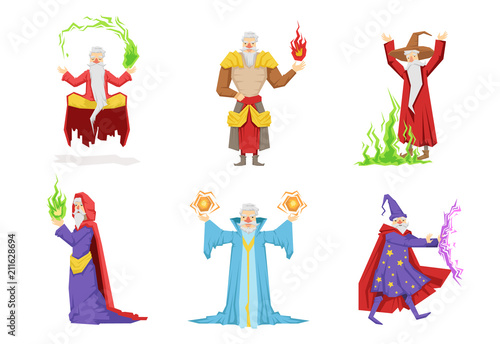 Flat vector set of fantasy wizards from children fairy tales. Old gray-bearded men s in different actions