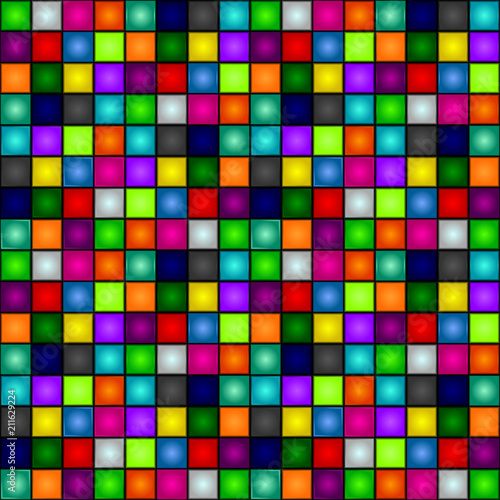 Seamless background - colorful, glowing, three-dimensional cubes. Dance floor, palette of colors. Club party. Vector.