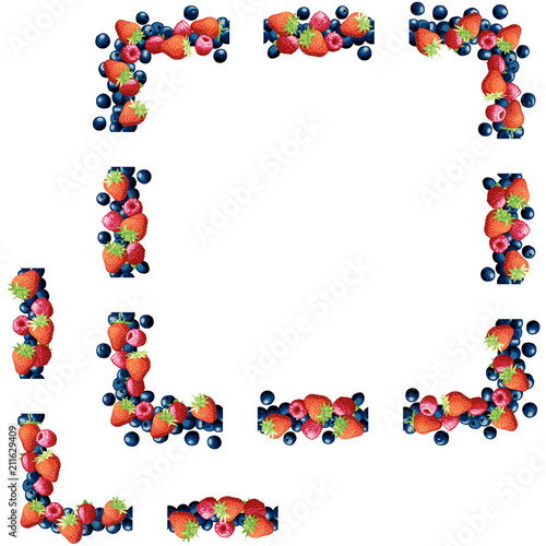 Composite frame of berries. Brush of berries. A set of fruit in the form of a frame. Multicolored berries. Exotic collapsible frame for portraits. Vector illustration EPS 10