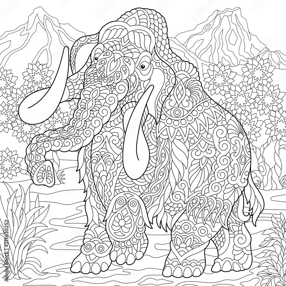 Fototapeta premium Mammoth. Extinct elephant of the Pleistocene epoch. Coloring page. Colouring picture. Coloring book. Freehand sketch drawing. Vector illustration.