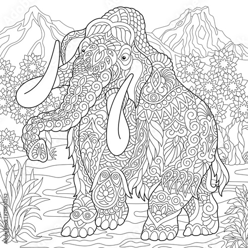 Mammoth. Extinct elephant of the Pleistocene epoch. Coloring page. Colouring picture. Coloring book. Freehand sketch drawing. Vector illustration.