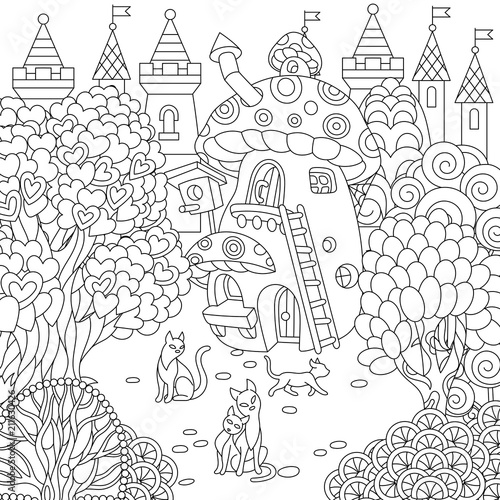 Fantasy town. Fairytale mushroom house, magic heart shaped trees and cats. Coloring page. Colouring picture. Coloring book. Freehand sketch drawing. Vector illustration.