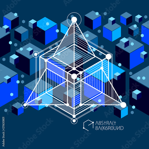 Engineering technological dark blue vector 3D wallpaper made with cubes and lines. Illustration of engineering system, abstract technological backdrop. Abstract technical background.