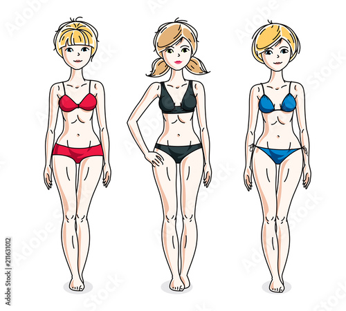 Young beautiful women standing wearing colorful bikini. Vector diversity people illustrations set.