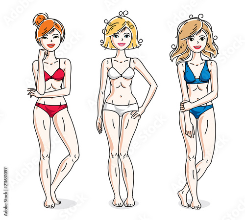 Young beautiful women standing wearing colorful bikini. Vector diversity people illustrations set. Slim female with perfect body.