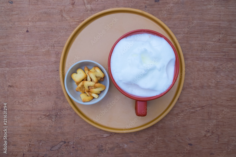 Hot fresh milk and biscuits breakfast for kid Hot fresh milk and biscuits breakfast for kid