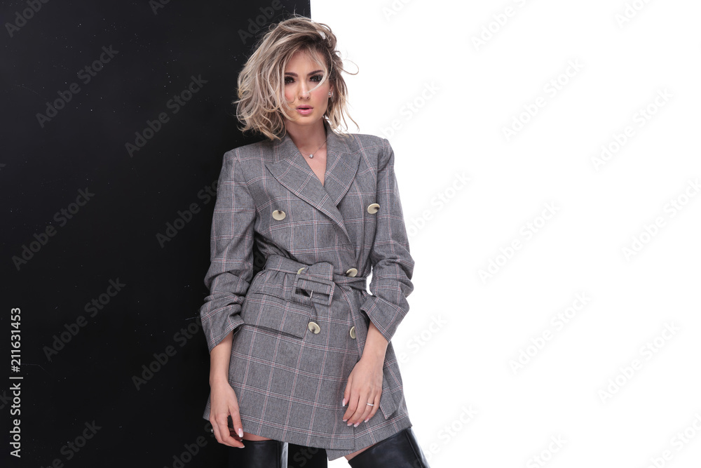 sensual woman with parted lips wearing grey plaid suit jacket sensual woman with parted lips wearing grey plaid suit jacket