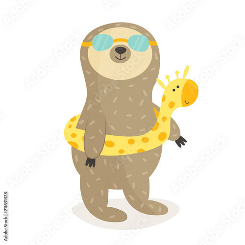 Funny sloth going to swim. Summertime design