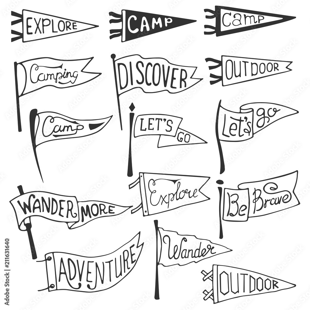 Naklejka premium Set of adventure, outdoors, camping pennants. Retro monochrome labels. Hand drawn wanderlust style. Pennant travel flags design