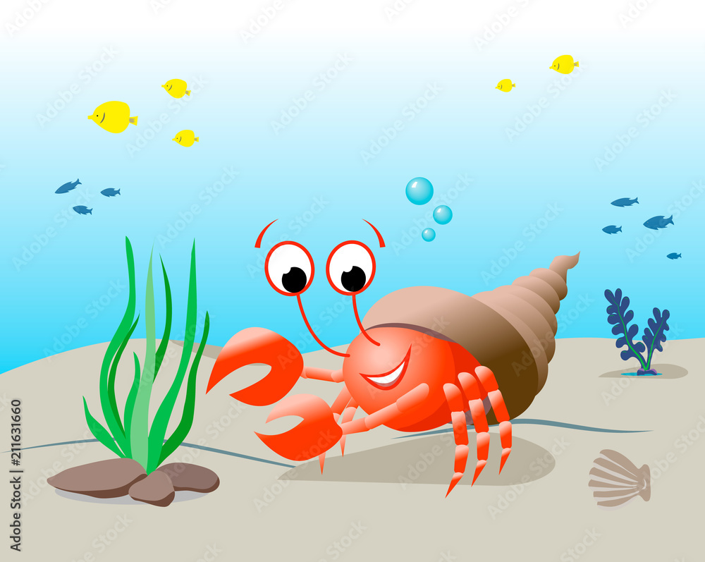 Cartoon cheerful hermit crab in shell Stock Vector | Adobe Stock