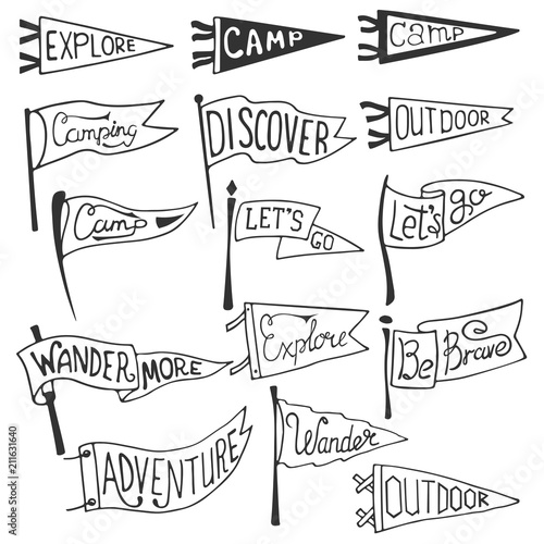Set of adventure, outdoors, camping pennants. Retro monochrome labels. Hand drawn wanderlust style. Pennant travel flags design