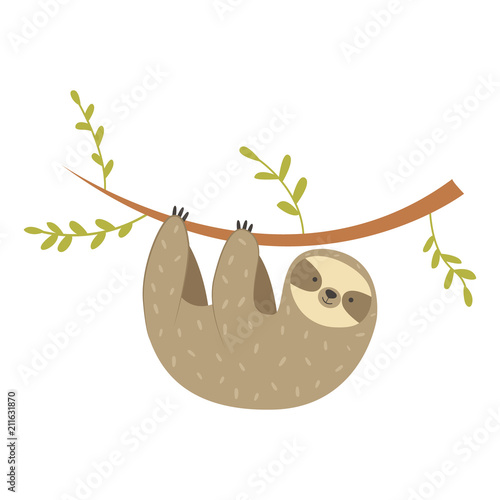 Sloth hanging on the tree. Adorable cartoon animal
