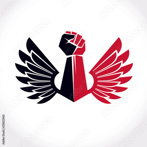 Vector illustration created with clenched fist of a strong man and bird wings. No limits and restrictions conceptual emblem.