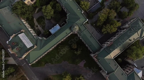 flight of the drone over the roofs of the old city
