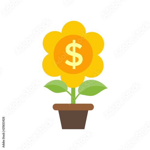 Money flover icon - returns on investment concept - home plant in flower pot - flat vector illustration isolated on white background.