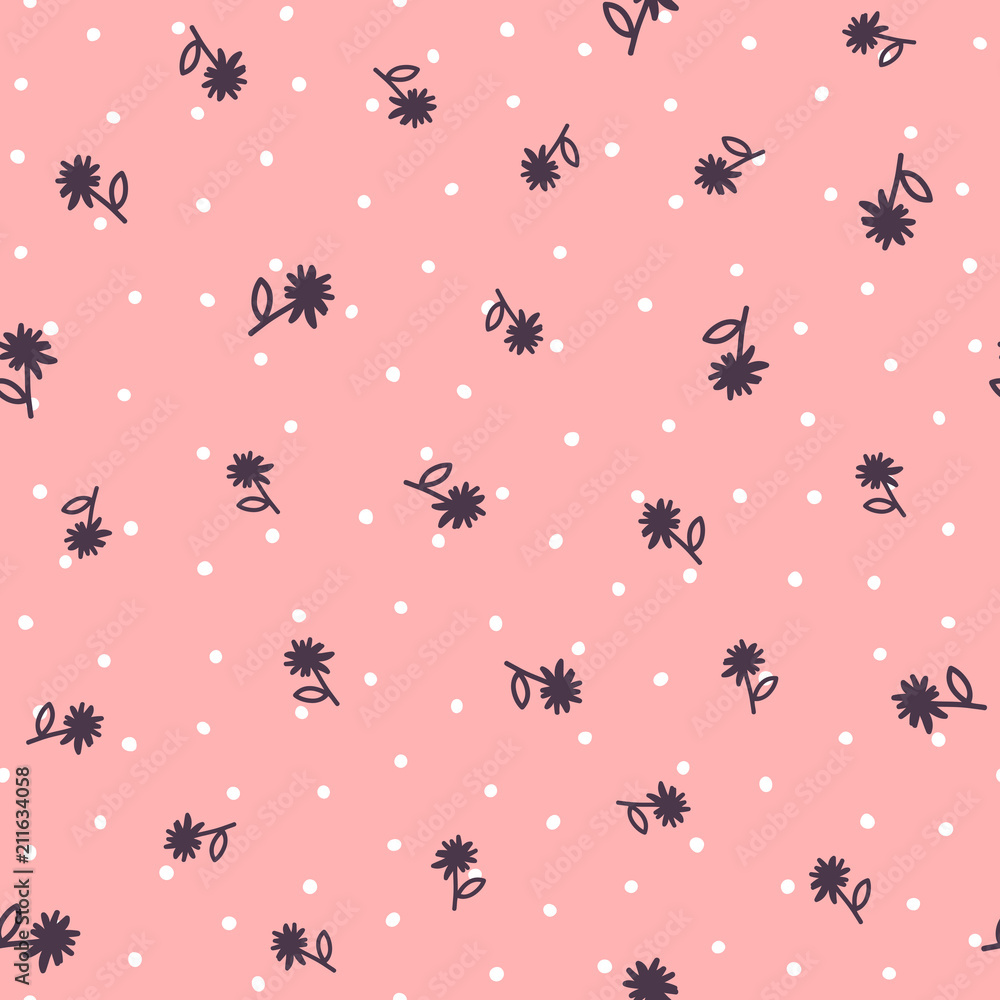 Repeated round spots and flowers with leaves drawn by hand. Girly floral seamless pattern. Sketch, doodle, scribble. Repeated round spots and flowers with leaves drawn by hand. Girly floral seamless pattern. Sketch, doodle, scribble.