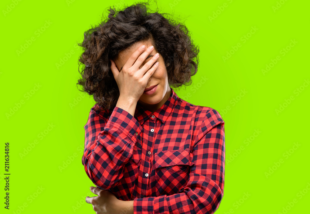 Beautiful arab woman stressful keeping hands on head, tired and frustrated Beautiful arab woman stressful keeping hands on head, tired and frustrated